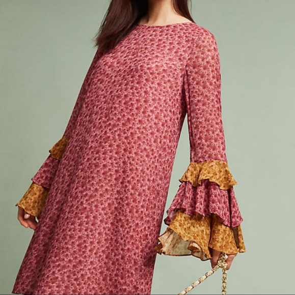 Anthropologie Dresses & Skirts - Varun Bahl Lanara yellow pink daisy print layered bell sleeves Small EUC